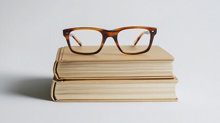 Eyeglasses resting on a stack of vintage books against a white background. Generative ai
