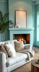 white couch with fluffy pillows sits front a fireplace a calm teal room.