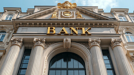 bank building facade featuring bold BANK signage symbolizing financial stability security trust and prosperity evoking themes of success economic growth and institutional authority

