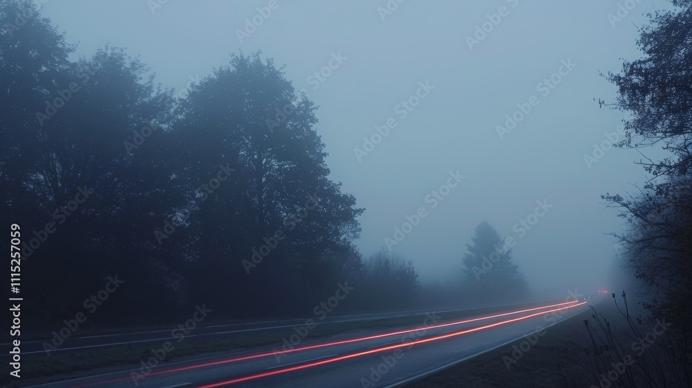 Poster a blurred landscape of trees and mist with the only visible movement being the car light trails on t