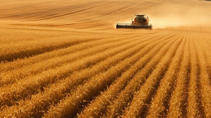 Fototapeta premium Golden Wheat Field with a Combine Harvester