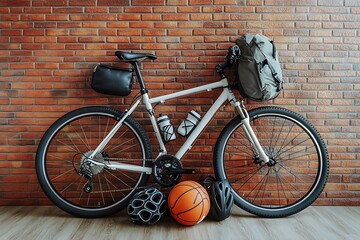 Naklejka premium Bicycle and different modern sport equipment near brick wall