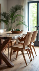 Obraz premium live-edge wooden dining table with light-colored chairs