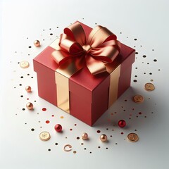 Obraz premium A gift box wrapped in red paper with a gold ribbon, displayed on a white background