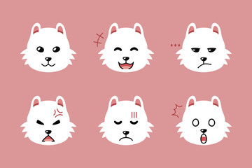 Set of cute character white dog faces showing different emotions