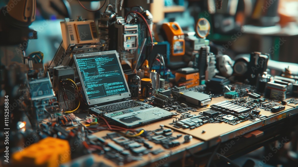 Poster Hacker workspace with advanced tools and gadgets tech lab close-up image digital environment creative perspective
