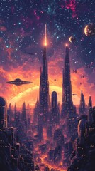 Fototapeta premium Futuristic Cityscape Underneath a Starry Night Sky