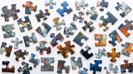 Scattered puzzle pieces with blue, orange, and brown patterns on a white background.