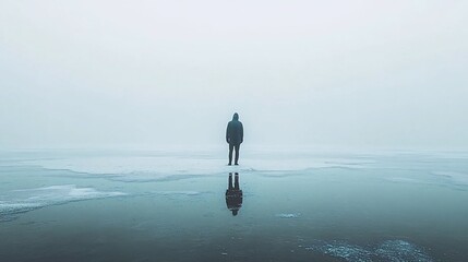 Solitary figure standing on icy water, reflected in the foggy expanse. Generative ai