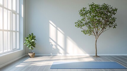Sunlit room with yoga mat, plants, and large window. Generative ai