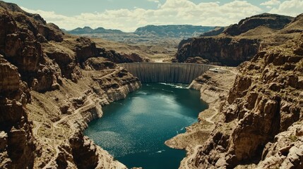Aerial view of a vast hydropower reservoir amid rugged mountains scenic landscape & fresh perspective on power generation