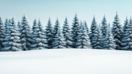 Fototapeta premium Serene Winter Wonderland with Snow-Covered Evergreen Trees under Soft Blue Sky