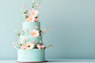 A stunning wedding cake with pastel decorations, featuring soft blue icing, pink flowers, and delicate accent wedding promotions, event planning, baking ads, bridal magazines, and lifestyle