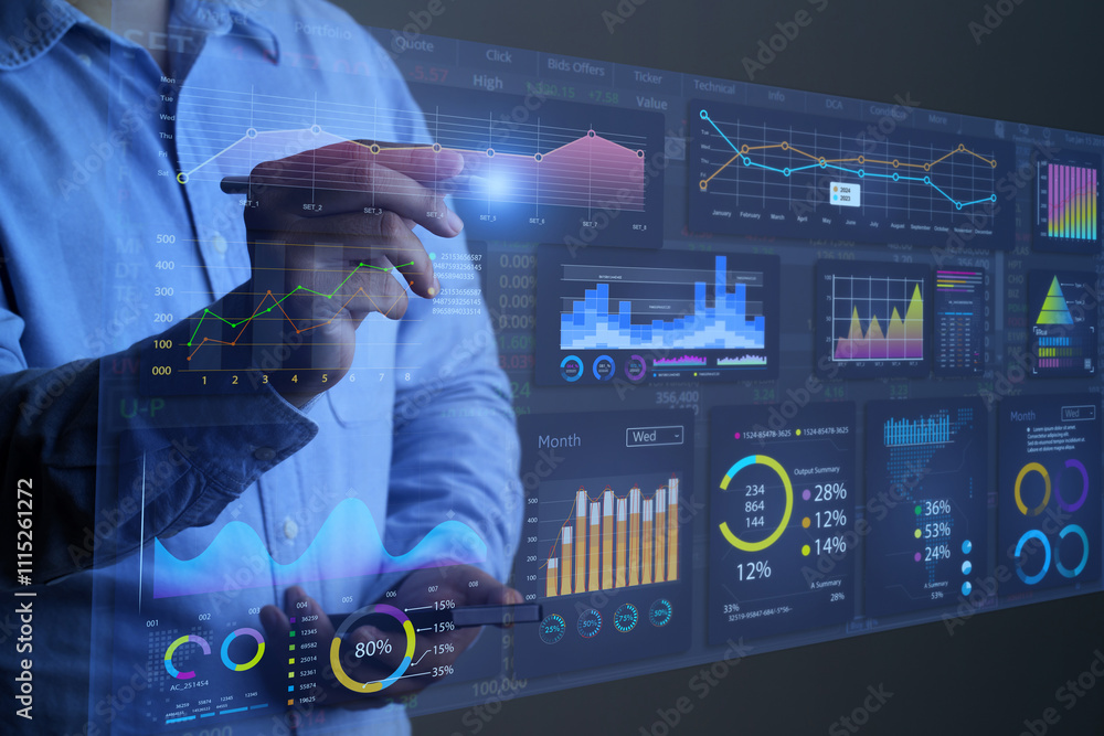 Poster businessman working with data management system on virtual screen.analysis working with financial da