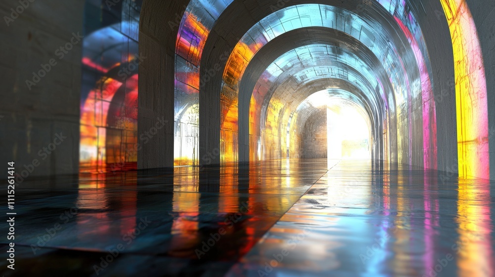 Poster vibrant light reflections in architectural arches abstract setting digital artwork tilt perspective 