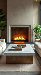 Fototapeta premium modern living room with marble coffee table fireplace