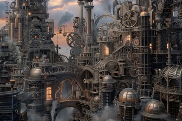 A complex steampunk cityscape featuring intricate gears, pipes, and smokestacks against a twilight sky with glowing lights