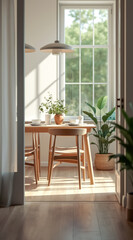 Fototapeta premium sunlit dining room with a wooden table woven chairs