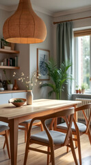 Fototapeta premium light-wooden dining table setting with grey upholstered chairs