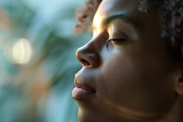 A young woman sits peacefully with her eyes closed, absorbing warm sunlight filtering through leaves, creating a tranquil atmosphere filled with nature\'s beauty. Generative AI