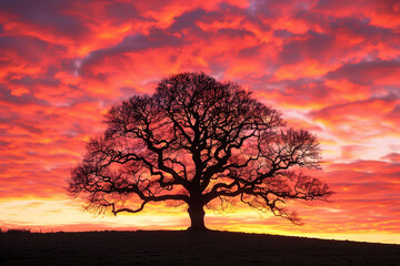 As daylight fades, a grand tree stands proudly on a hillside, its intricate branches etched against a vibrant sky filled with fiery hues of orange and red, Generative AI