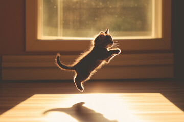 In a sunlit room, a fluffy kitten jumps joyfully through the air, its playful energy and wonder captured in a moment of pure delight and happiness. Generative AI