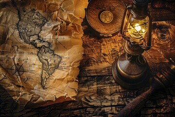 An antique map with compasses and magnifying glasses displayed on a wooden table, evoking the exploration spirit of maritime adventures in the late 19th century