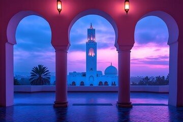 Fototapeta premium Majestic Mosque at Dawn, Architectural Beauty in a Tranquil Setting