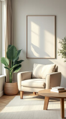 Fototapeta premium beige armchair a sunlit minimalist room