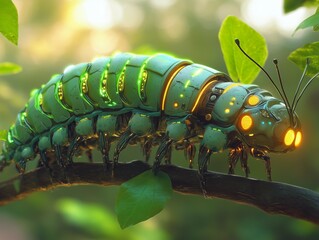A futuristic mecha caterpillar inspired by a leaf insect, designed with a segmented metallic body that mimics the texture of natural leaves