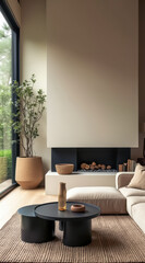 Fototapeta premium modern living room with minimalist fireplace neutral decor