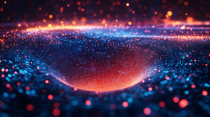 Abstract image of a data funnel with swirling digital particles representing data flow innovation information processing efficiency analytics and technological connectivity