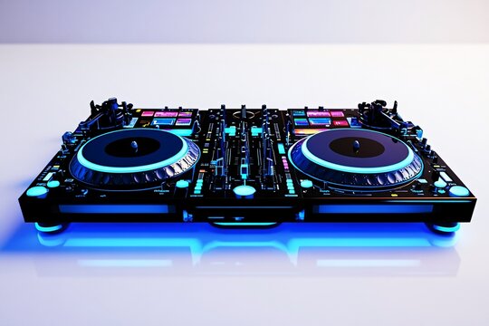 DJ controller with illuminated decks and buttons on a reflective surface. Generative ai