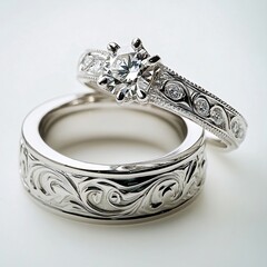 Elegant diamond engagement and wedding ring set with intricate engraved designs. Generative ai