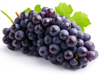 Fototapeta premium A bunch of grapes with green leaves on a white background