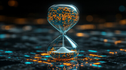 hourglass with digital pixels spilling like sand symbolizes the fusion of traditional timekeeping and digital transformation reflecting the passage of time in a technology-driven era
