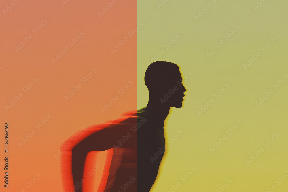 Poster a man is running in the foreground of the image