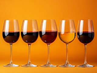 A row of wine glasses filled with different types of wine