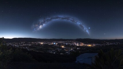 Night cityscape with a stunning view of the Milky Way galaxy arching over the horizon. Generative ai