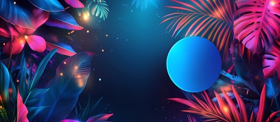 Bright abstract background with neon tropical foliage and vibrant lights, featuring a large blue circle for text placement.