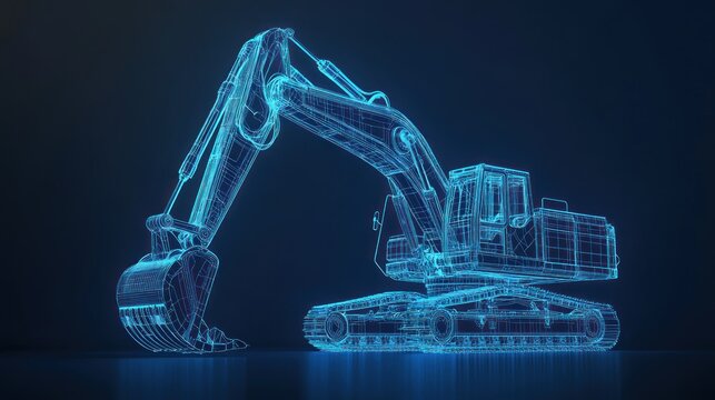 Blueprint Excavator: Digital 3D Wireframe Model of Heavy Construction Machinery