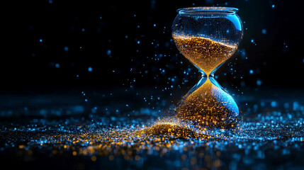 hourglass with digital pixels spilling like sand symbolizes the fusion of traditional timekeeping and digital transformation reflecting the passage of time in a technology-driven era