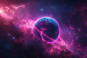 Obraz premium A stunning abstract space background featuring a vivid planet with glowing rings, surrounded by nebulae and distant stars, capturing the infinite cosmos