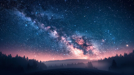 Naklejka premium A stunning panorama of the Milky Way sprawling across the sky, with a tranquil, shadowy forest below and a soft, starry glow illuminating the dark trees