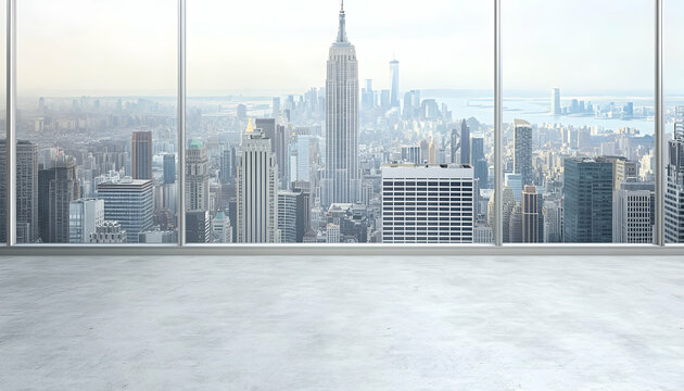 Fototapeta Stunning panoramic view of New York City skyline seen from a modern, minimalist interior space with large windows. Ideal for real estate, architecture, or corporate presentations.