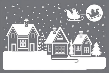 Fototapeta premium Winter snow landscape and houses with Christmas tree. Background with moon and the silhouette of Santa Claus flying on a sleigh