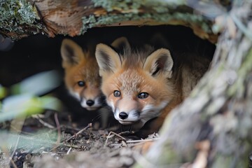 Three adorable red fox cubs peeking out from their den in a forest during a sunny day, showing their playful expressions and fluffy fur