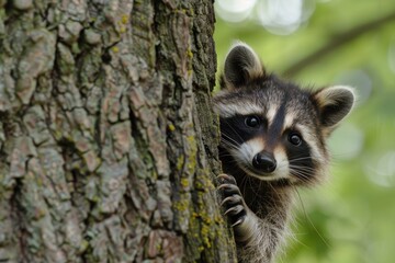 Fototapeta premium Raccoon peeking from behind a tree trunk in a serene forest during the afternoon sun in early spring