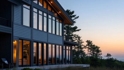 Fototapeta premium Modern Lake House at Sunset: Architectural Design and Tranquil Views