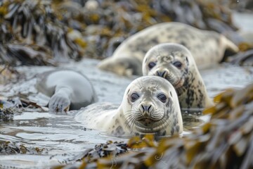 Naklejka premium Two curious seals peek out from rocky shore surrounded by seaweed, enjoying a calm day by the water in a coastal environment